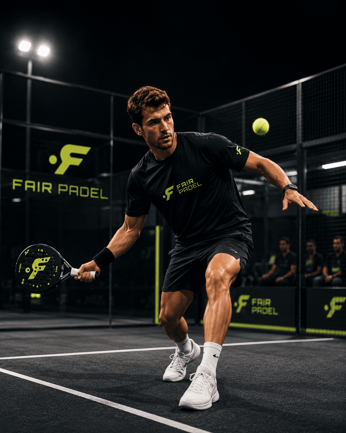 Padel player mid-swing on court, wearing Fair Padel kit